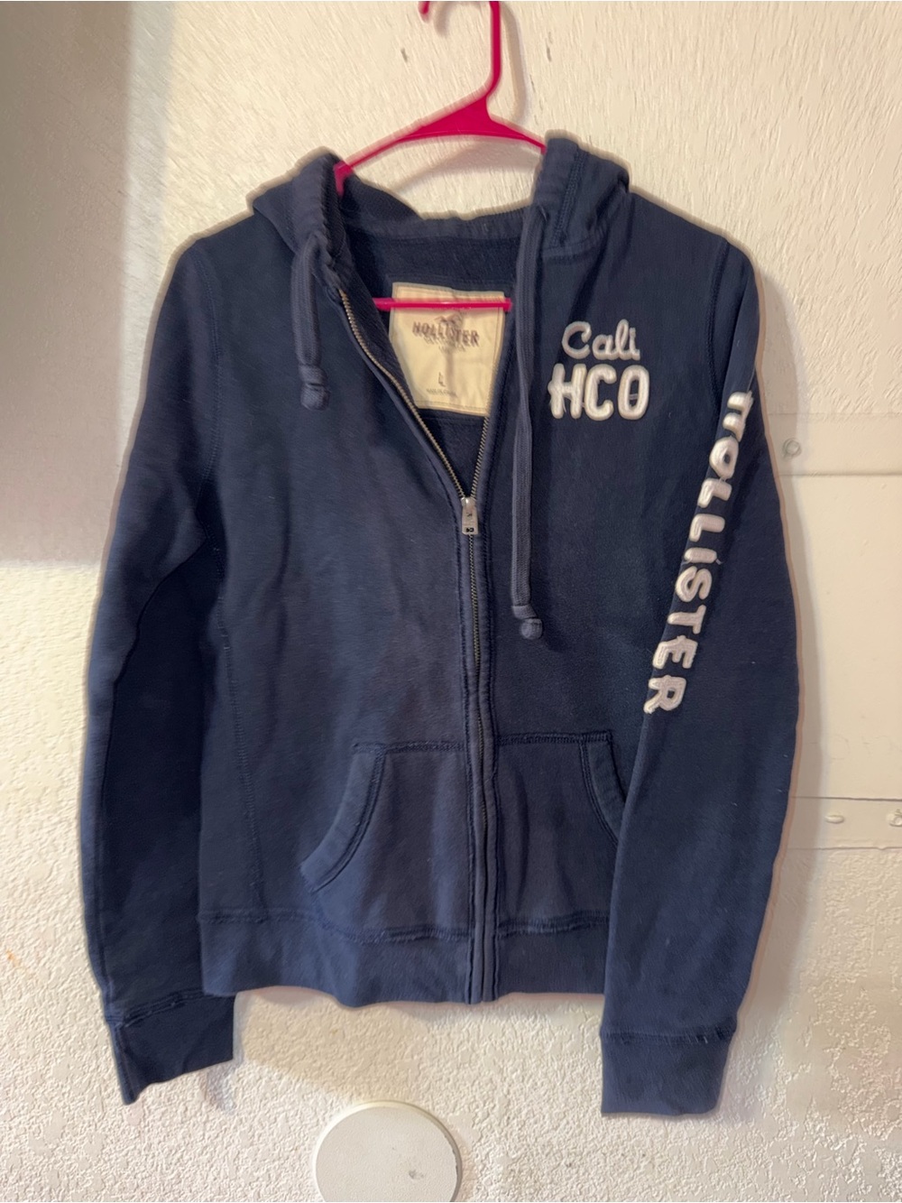 Hollister Navy Zip-Up Hoodie with 'Cali HCO' and Sleeve Logo
